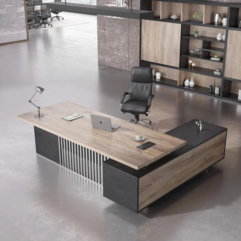 Free Shipping US Warehouse in Stock 70.86" Industrial Office Desk with Drawer Cabinet Large Wood Desktop L-Shaped Executive Desk