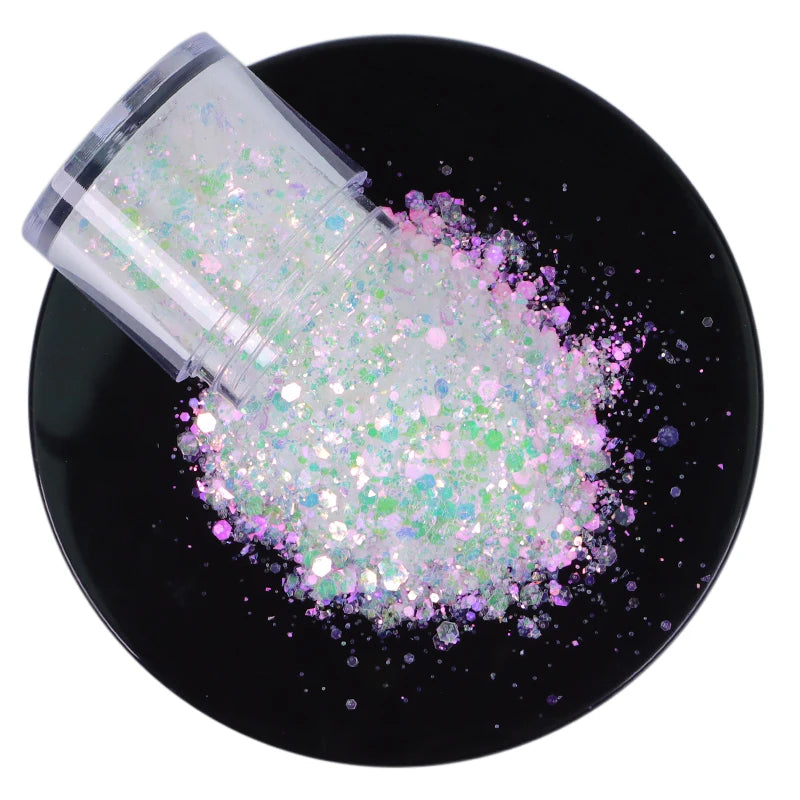 Bulk Iridescent White Pink Chunky White Opal Glitter Hexagon Shape 1kg Minimum Order for Tumbler Making Nails Resin Crafts