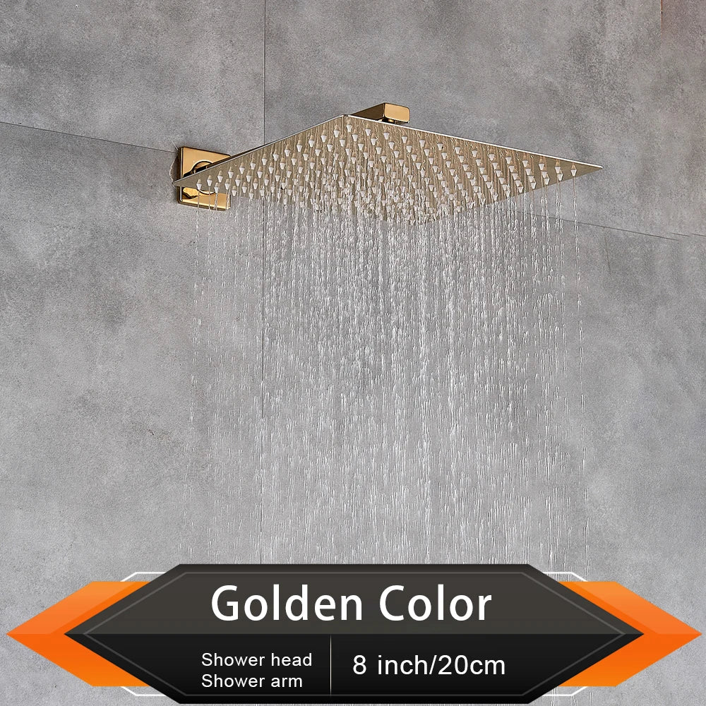 Rozin Brushed Golden Rainfall Shower Head Bathroom 8/10/12" Ultrathin Style Top Shower Head with Wall Mounted Shower Arm