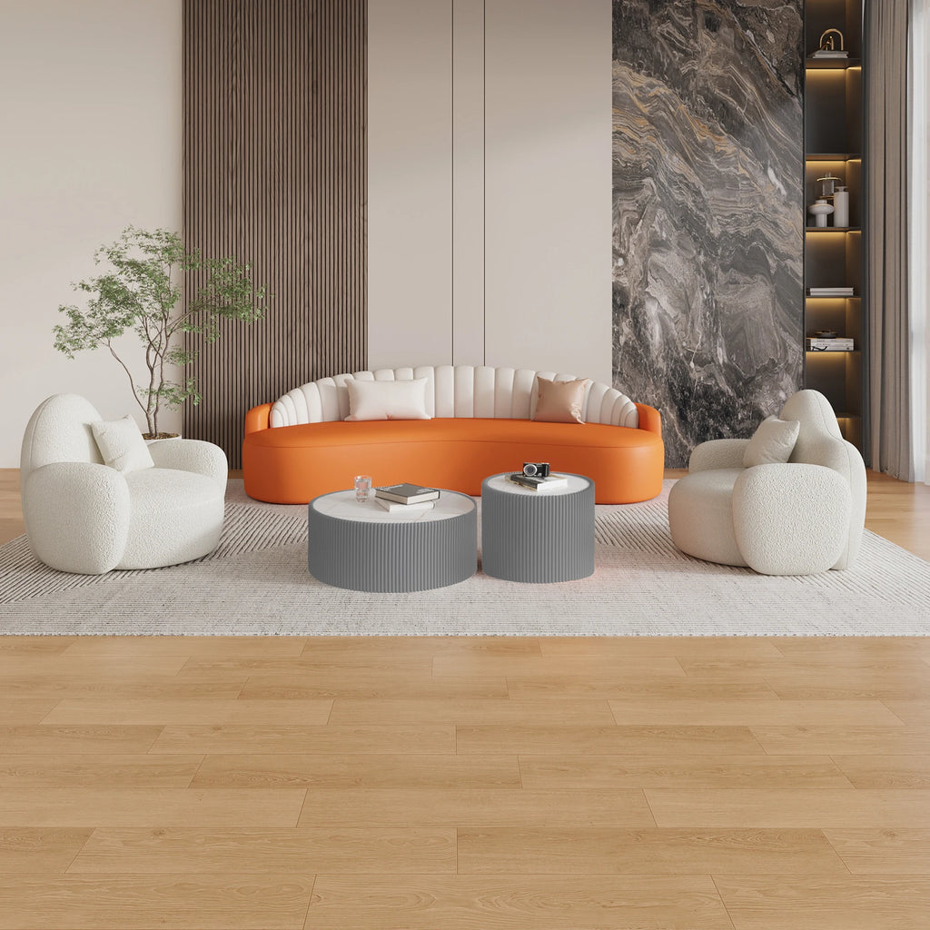 Set of 2 Wooden Coffee Tables Light Marble Top Cylinder Shape Leather Sofa Table Tea Table Easy to Clean Living Room Furniture