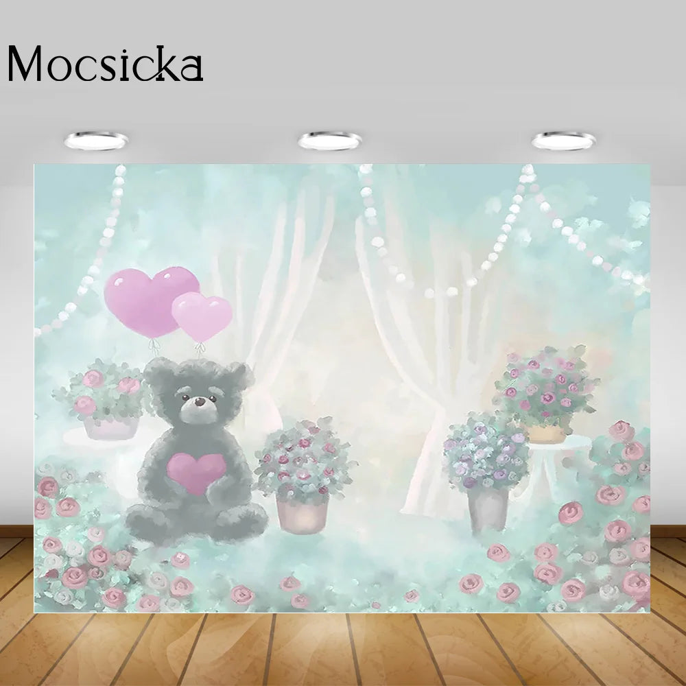 Valentine's Day Photography Bear Love Flowers Portrait Backdrop Floral Oil Painting Children Birthday Background White Curtain