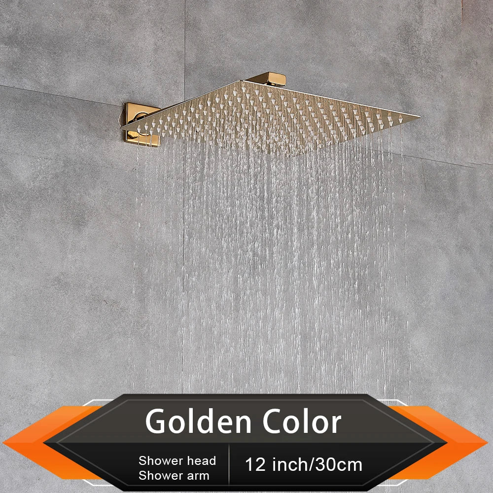 Rozin Brushed Golden Rainfall Shower Head Bathroom 8/10/12" Ultrathin Style Top Shower Head with Wall Mounted Shower Arm