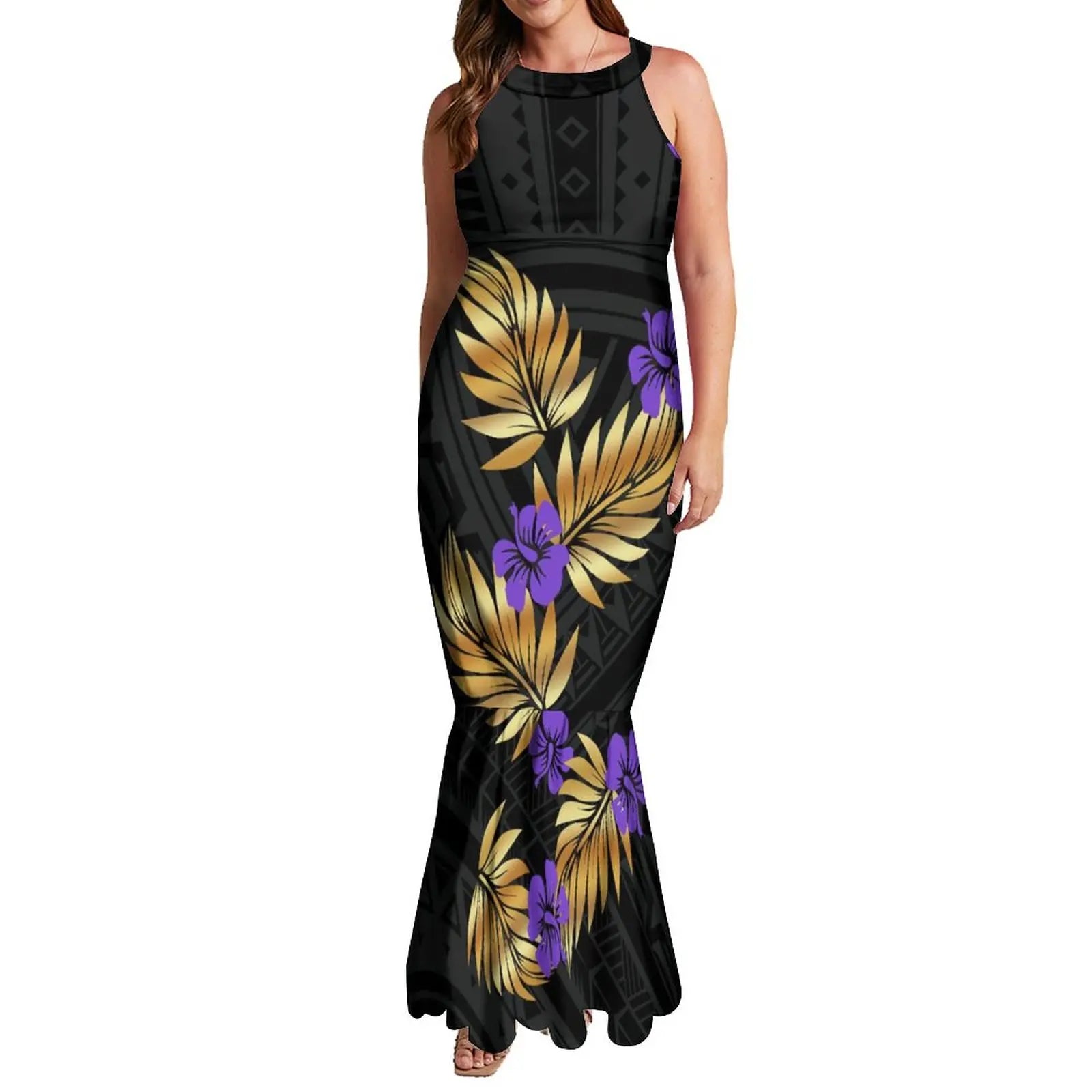 Undefined Polynesian Tribal Long Bodycon Sleeveless Mermaid Evening Dresses Tie Knotted Back Women's Fishtail Casual Dresses