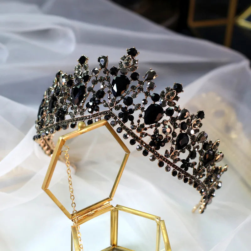 Baroque Bronze Black Green Crystal Bridal Tiaras Crown Vintage Rhinestone Diadem for Brides Headbands Wedding Hair Accessories
