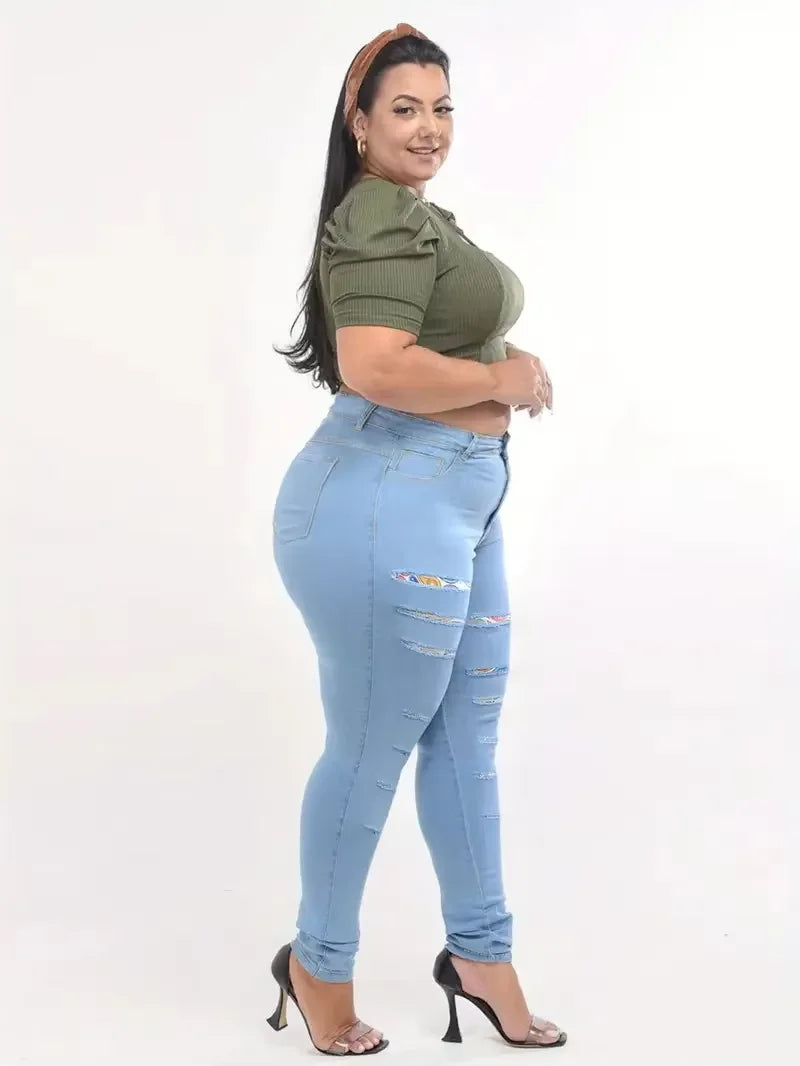 Women's High Waist Full-Length Casual Skinny Jeans Plus Size Solid Pattern Denim Fabric Washed Free Shipping USA for Autumn