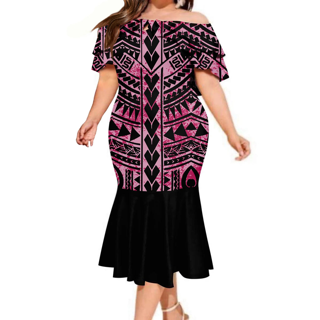 Top Quality Wholesale Custom Polynesian Elei Tribal Design Midi Dresses Tapa Print Mermaid Double Shawl Dress Oversize Vestidos