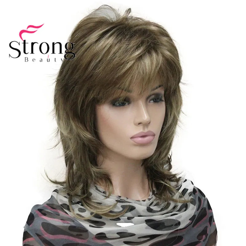 Lady Women Blonde With Dark Root Medium Length Cascaded Layers Synthetic Hair Full Wig for women