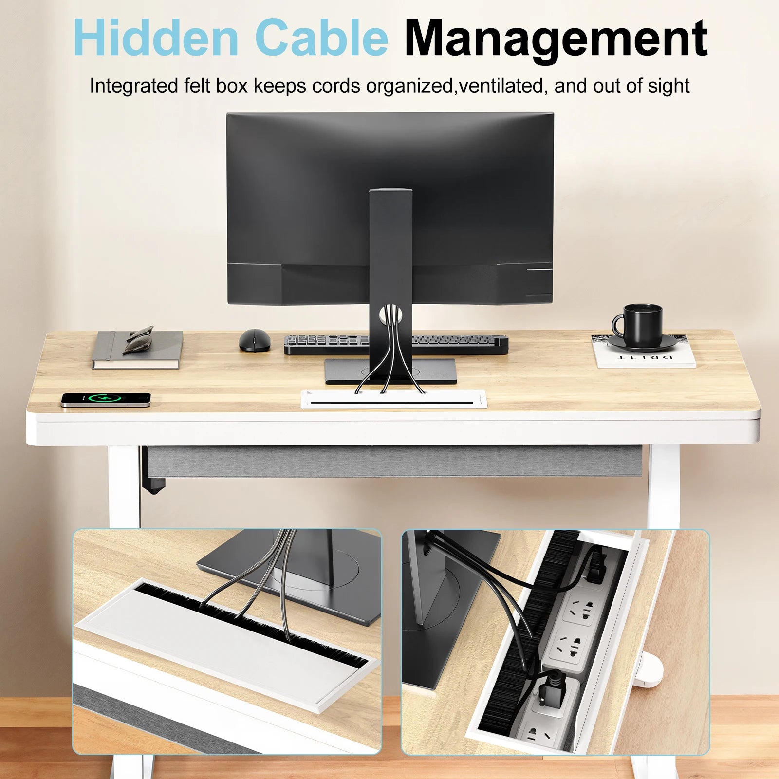 Dropshipping Height Adjustable Desk Standing Desk with Drawer,Wireless Charging & Cable Management Tray