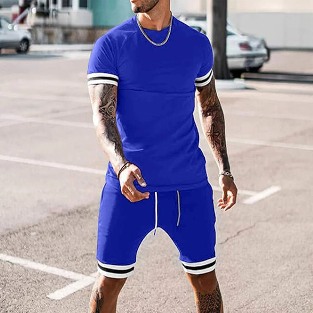 Free Shipping to the USA Plus Size Tracksuit Fashion Short Sleeve Top and Sweatpants Casual Suit Set Biker Shorts Men's Sets