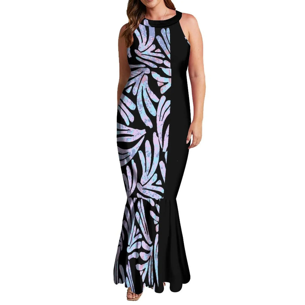 Undefined Polynesian Tribal Long Bodycon Sleeveless Mermaid Evening Dresses Tie Knotted Back Women's Fishtail Casual Dresses