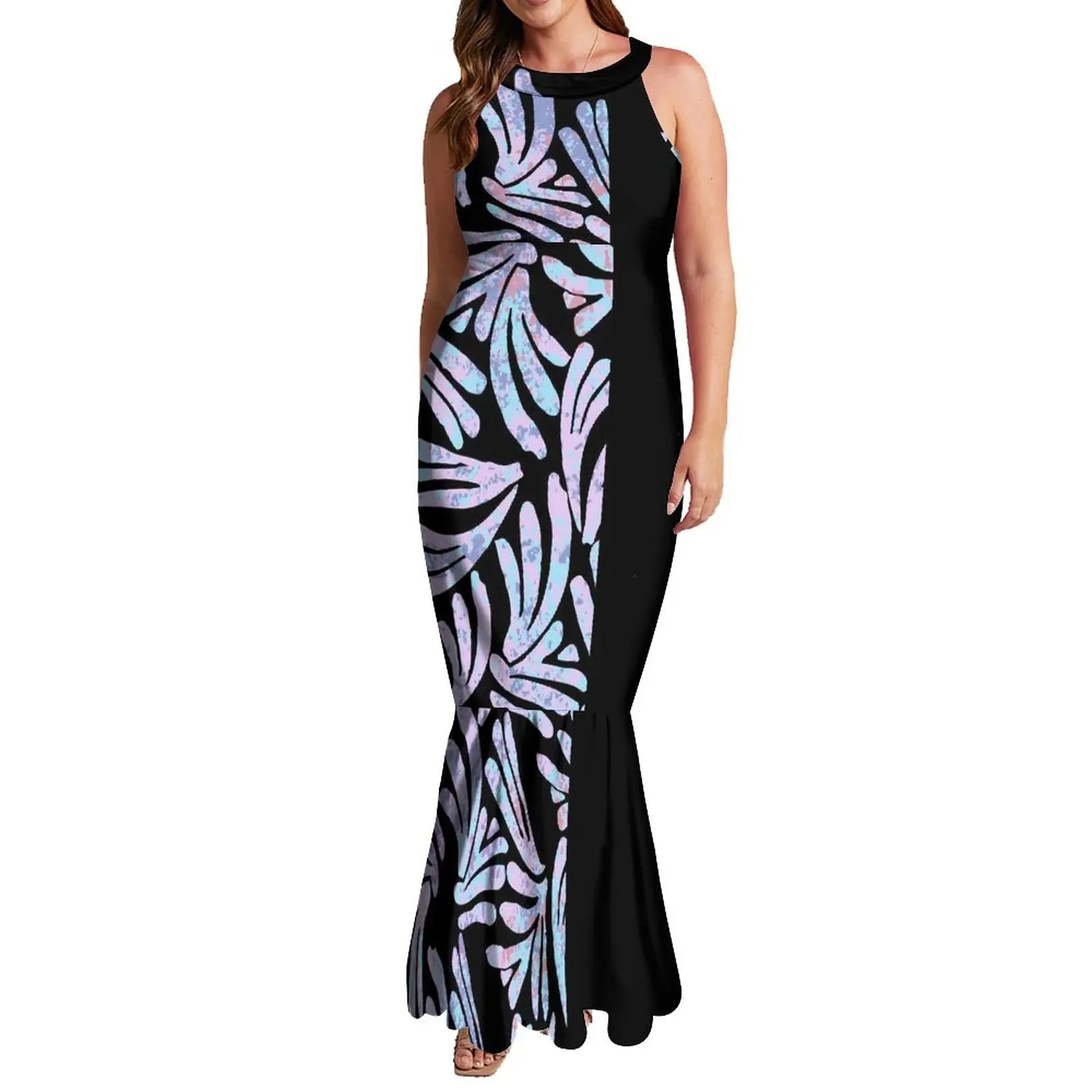 Undefined Polynesian Tribal Long Bodycon Sleeveless Mermaid Evening Dresses Tie Knotted Back Women's Fishtail Casual Dresses