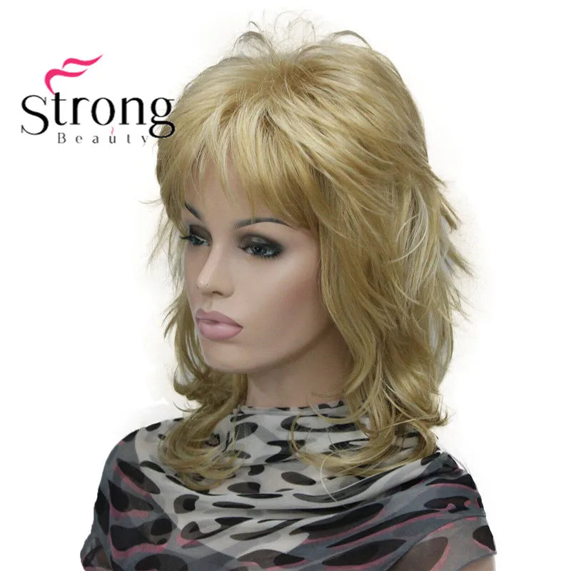 Lady Women Blonde With Dark Root Medium Length Cascaded Layers Synthetic Hair Full Wig for women