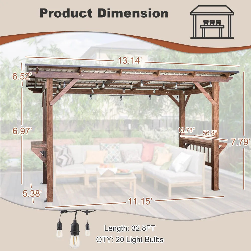 13' X 6.5' Modern Wooden Pergola Grill Gazebo Metal Roof LED Bulbs Bar Counters Outdoor BBQ Pavilion Patio Outdoor Furniture