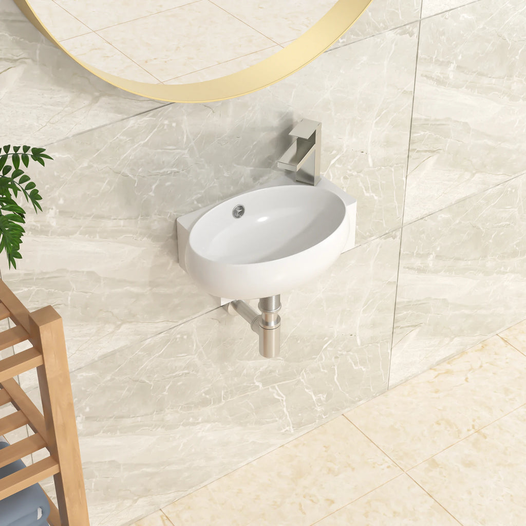 Free Shipping Right Faucet Hole White Ceramic Wash Basin Wall Hung Art Basin Modern Bathroom Sinks Wall Mount Hand Washing Bowl