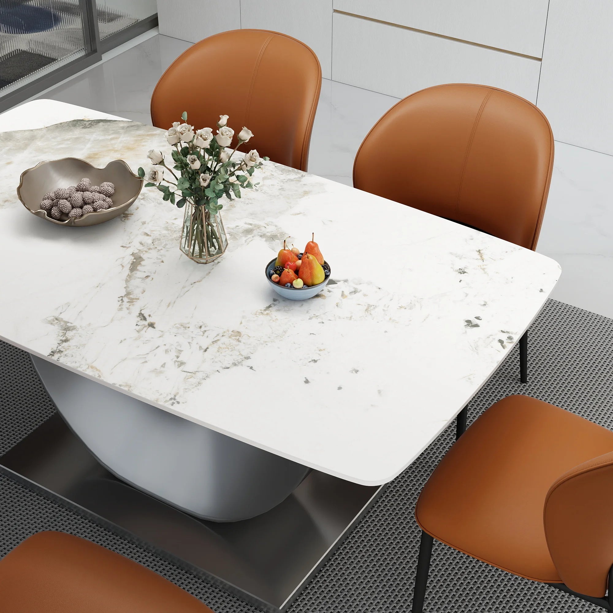 Voxhome US Drop Shipping Dining Room Furniture Luxury Marble Texture Dining Table Sintered Stone Top Gold Base Dinner Table Set