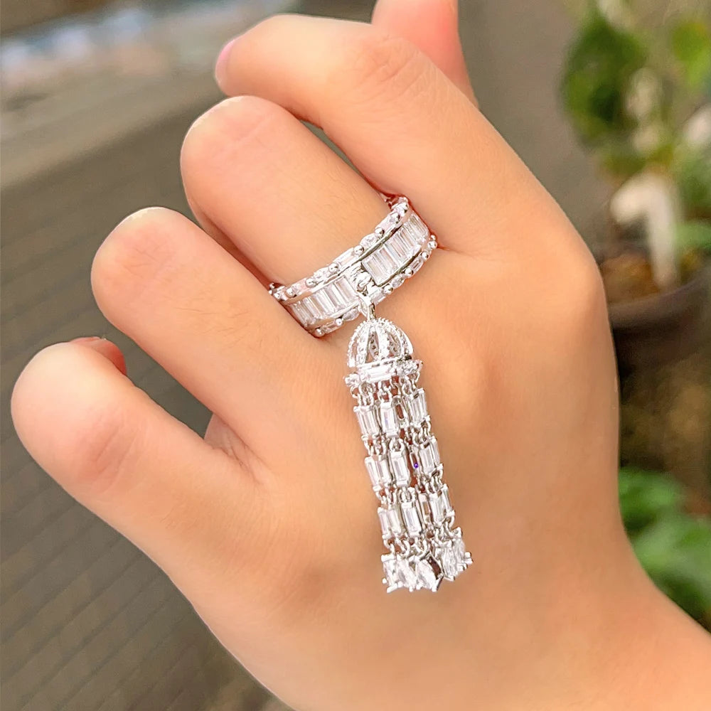 Unique Design Luxury Statement Charms Chic Cubic Zirconia Wedding Long Tassel Finger Rings for Women Bohemian Beach Jewelry