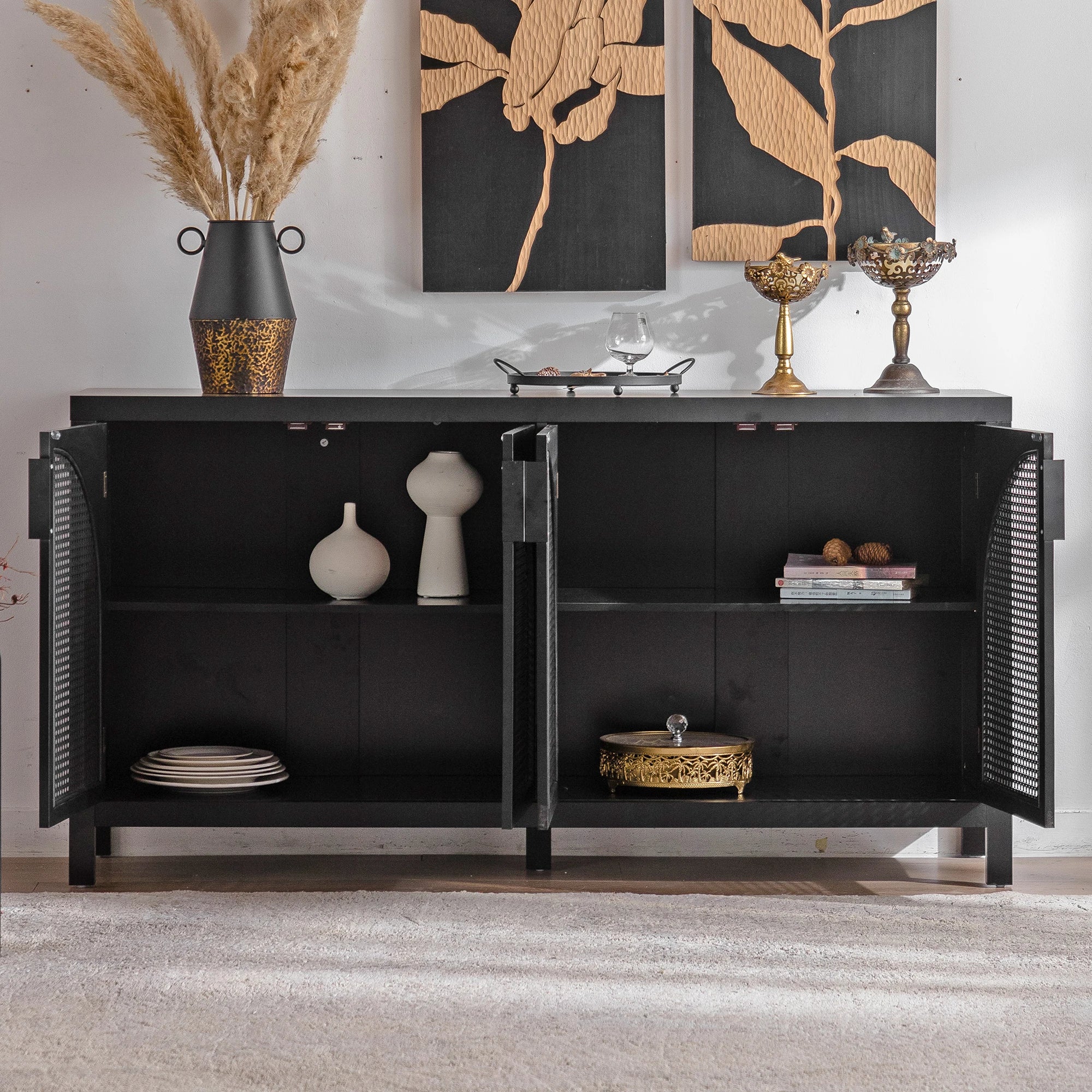 Modern Storage Sideboard Buffet Cabinet with Artificial Rattan Door for Living Room Entryway Kitchen