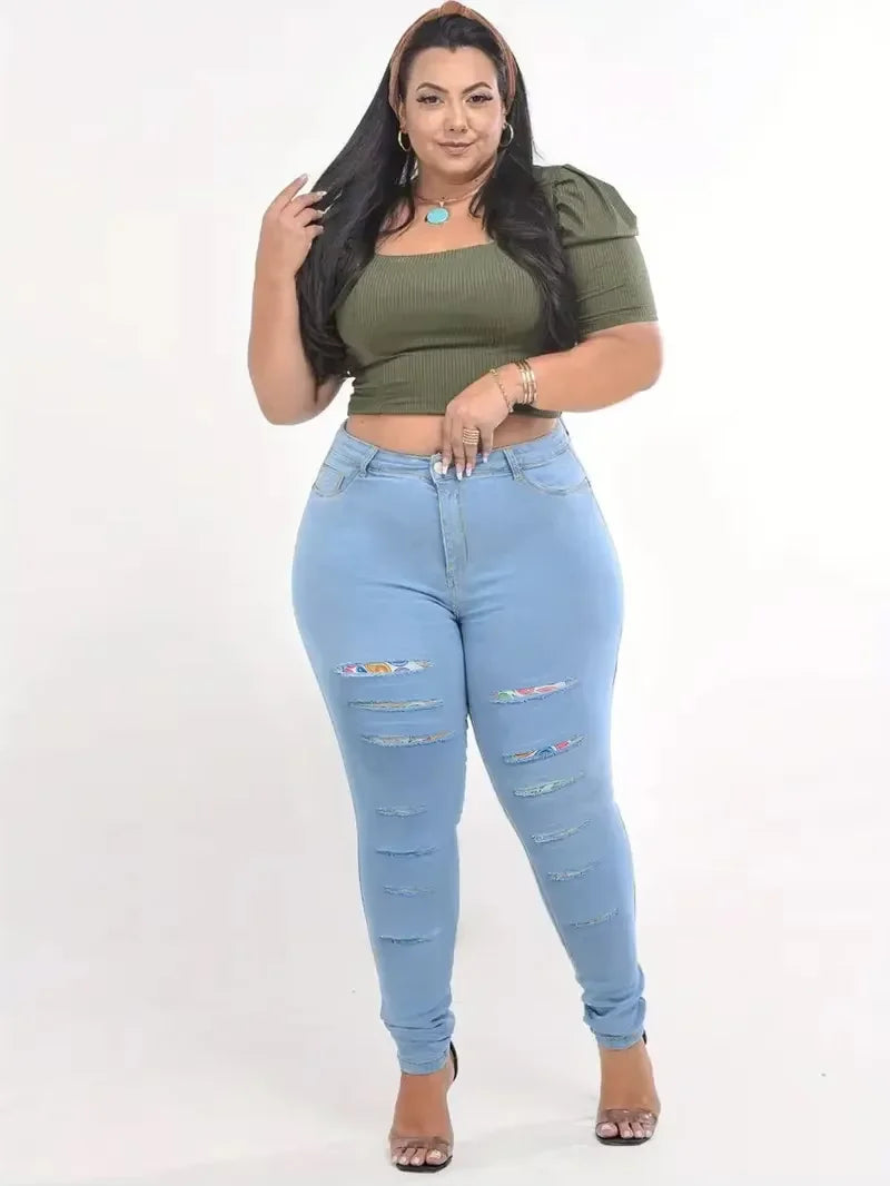 Women's High Waist Full-Length Casual Skinny Jeans Plus Size Solid Pattern Denim Fabric Washed Free Shipping USA for Autumn