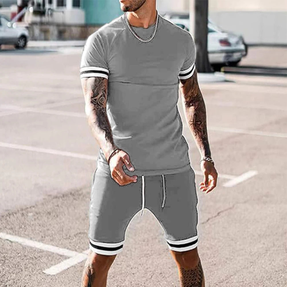 Free Shipping to the USA Plus Size Tracksuit Fashion Short Sleeve Top and Sweatpants Casual Suit Set Biker Shorts Men's Sets