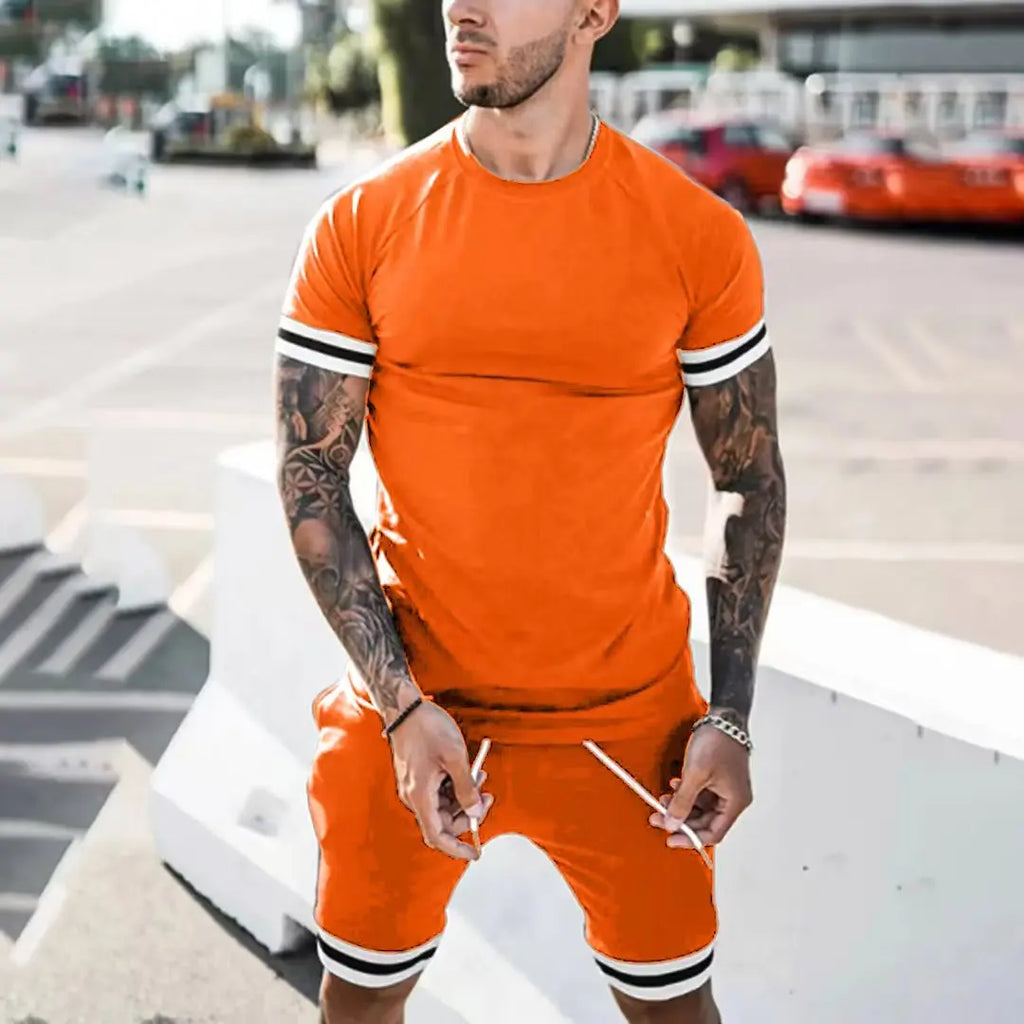 Free Shipping to the USA Plus Size Tracksuit Fashion Short Sleeve Top and Sweatpants Casual Suit Set Biker Shorts Men's Sets