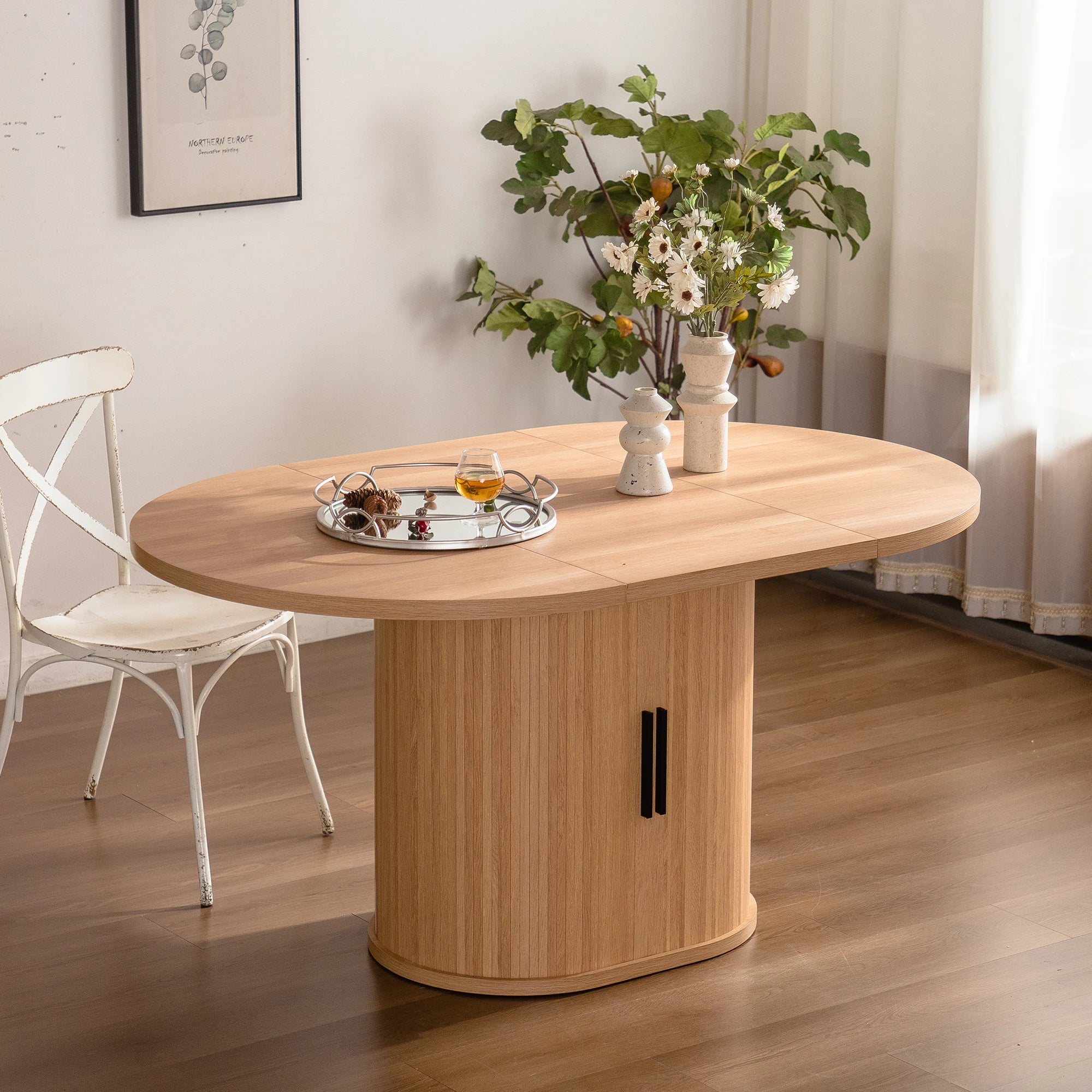 Modern Oval Dining Table with 2-Layer Storage Shelf and Assembled Dining Room Furniture for Home