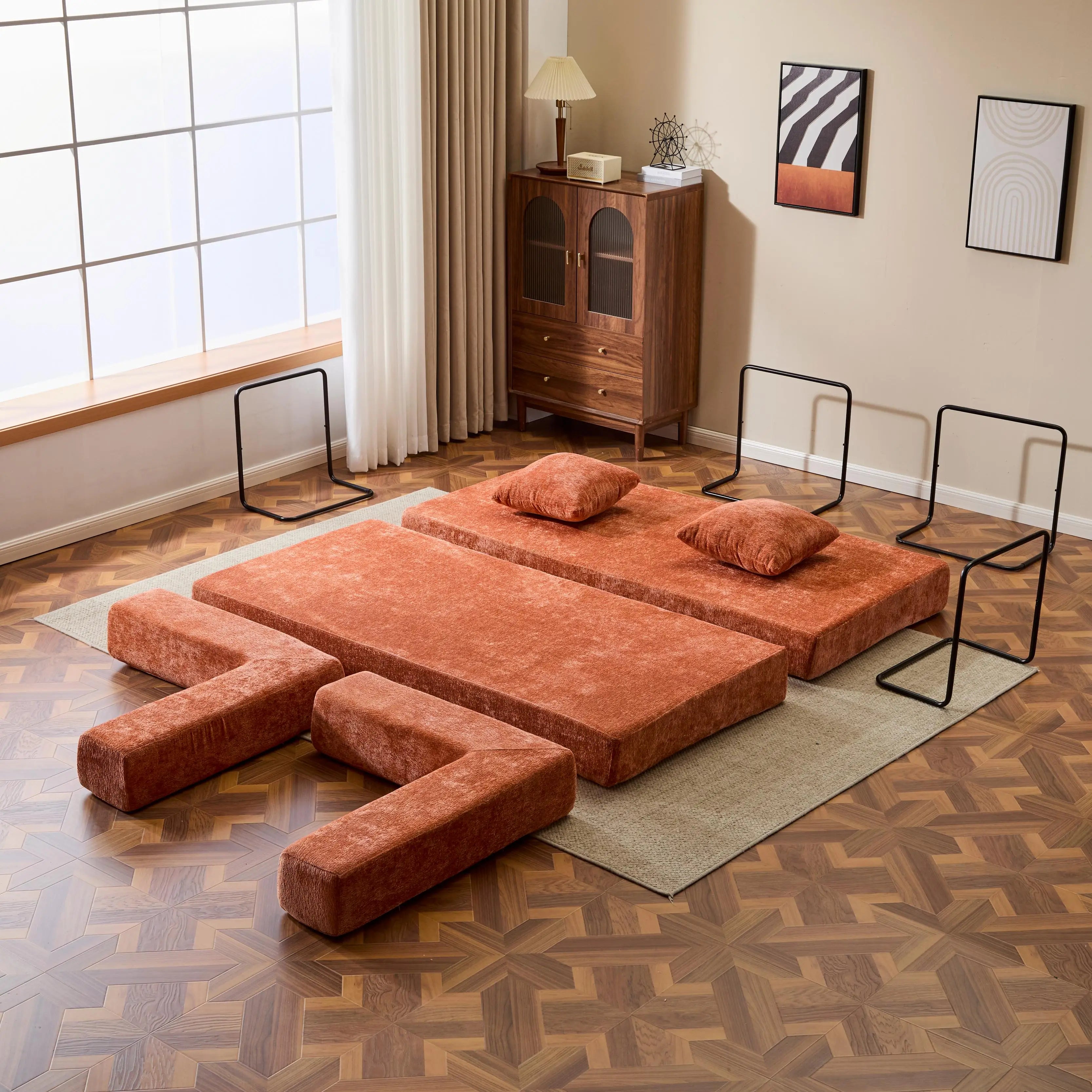 Modern Contemporary 4-in-1 Home Theater Recliner Set Foldable Eco-Friendly Corduroy Fabric Sofa Bed Durable Portable for Living