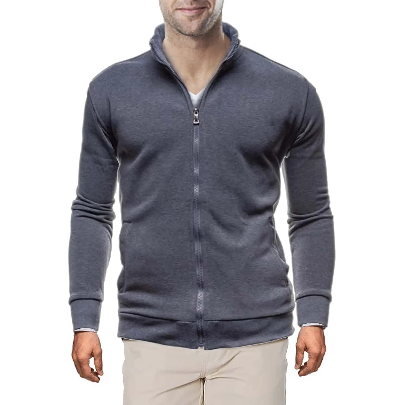 Free Shipping to the USA High-Quality Wholesale Fashion Men's Solid Jacket Coat Zipper-Up Stand Collar Sweatshirt Jacket Coat