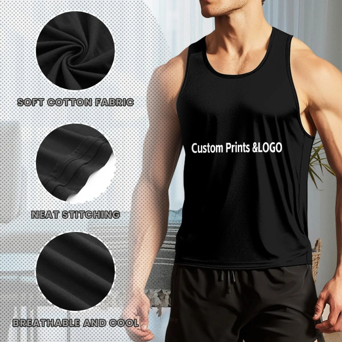 Made in USA Free Shipping MOQ=1 Men's Essential Regular-Fit Vest - 2D Custom Print Sleeveless Top 100%cotton Casual Short Sleeve