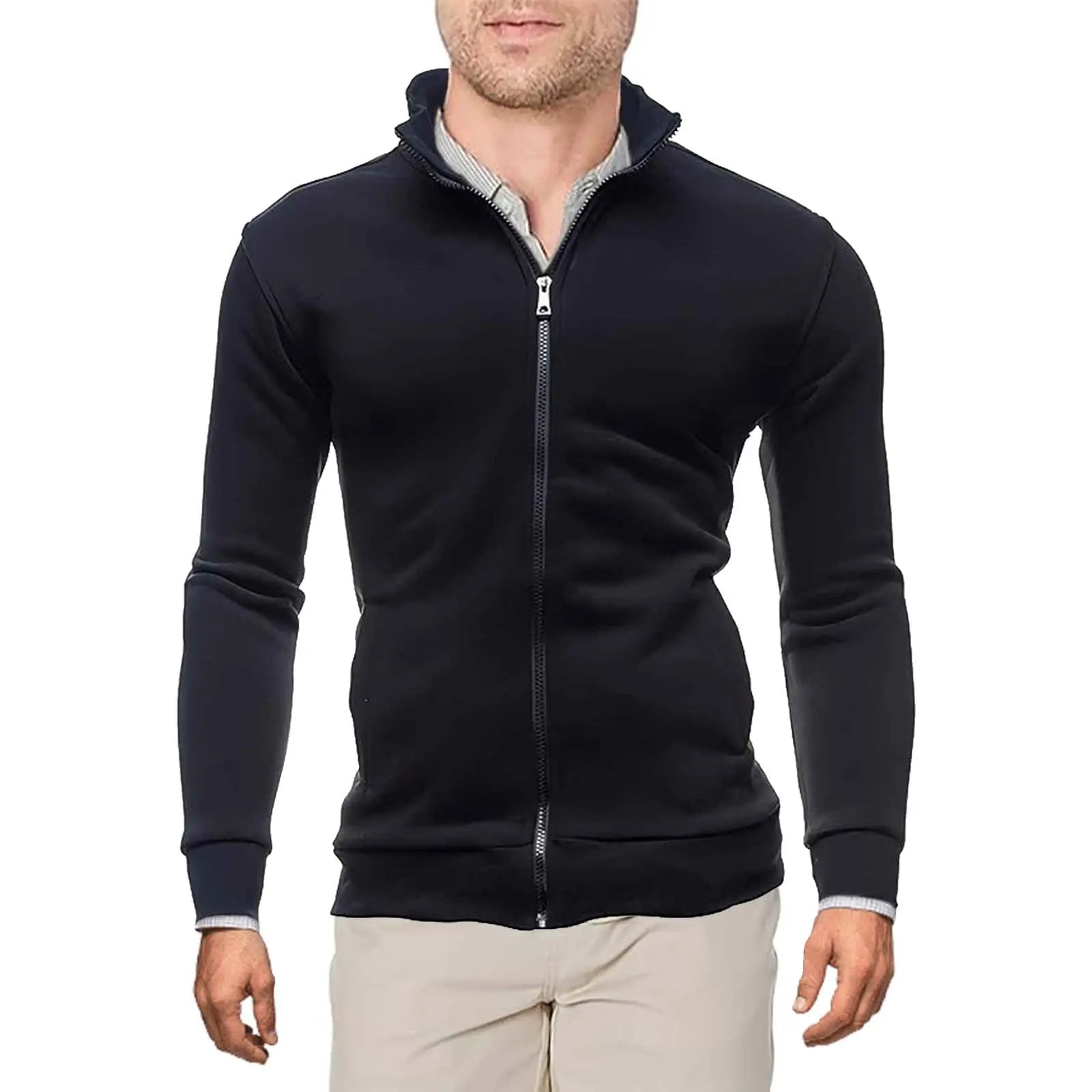 Free Shipping to the USA High-Quality Wholesale Fashion Men's Solid Jacket Coat Zipper-Up Stand Collar Sweatshirt Jacket Coat