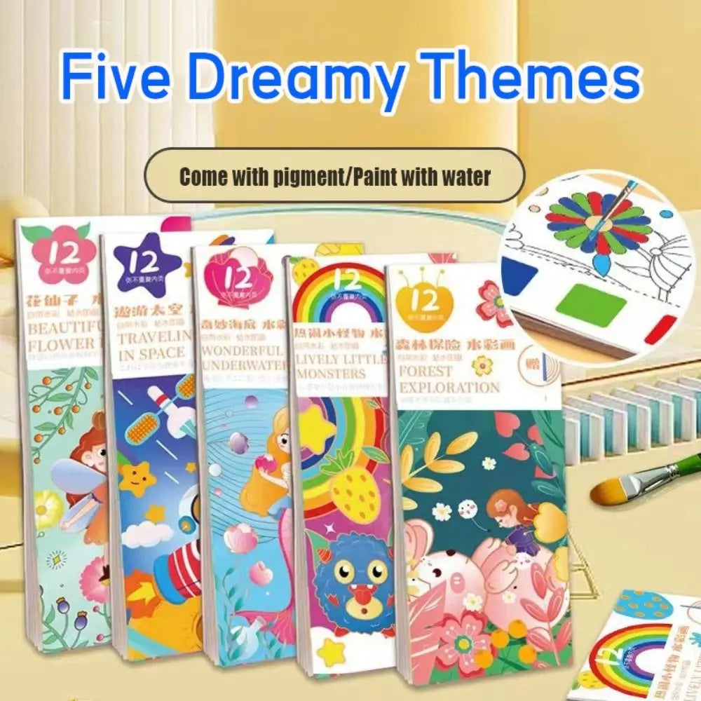 New 12 Pages Watercolor Coloring Book DIY Handcrafted Coloring Painting Book Portable With Painting Brush Mini Paint Pad Gift