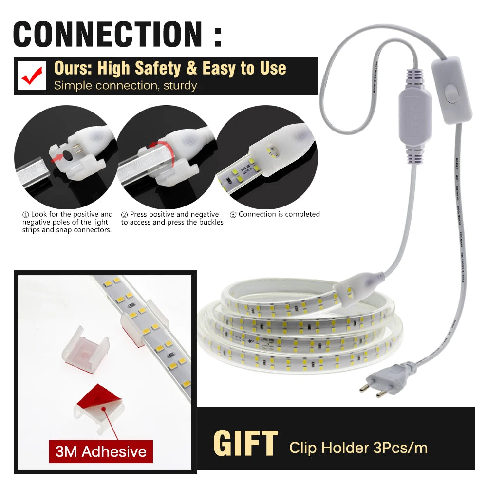 220V LED Strip 2835 High Safety High Brightness 180LEDs/m3000K 4000K 6000K Flexible LED Light Outdoor Waterproof LED Strip Light