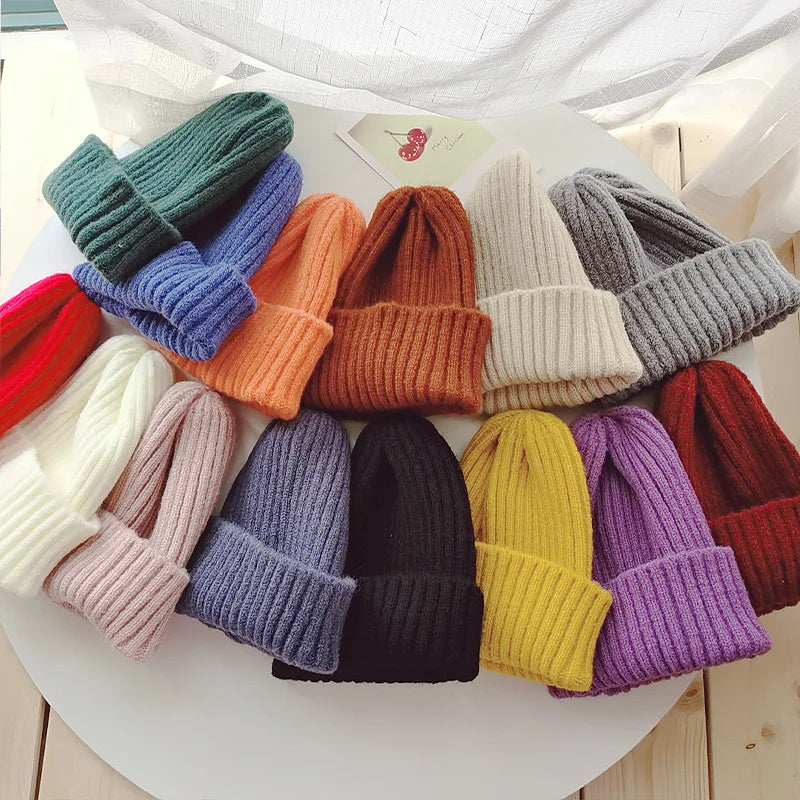 Winter Hats For Girls Boys Beanie Children Solid Color Knitted Ear Protection Keep Warm Baggy Cap Trendy Bonnet Winter Cap
