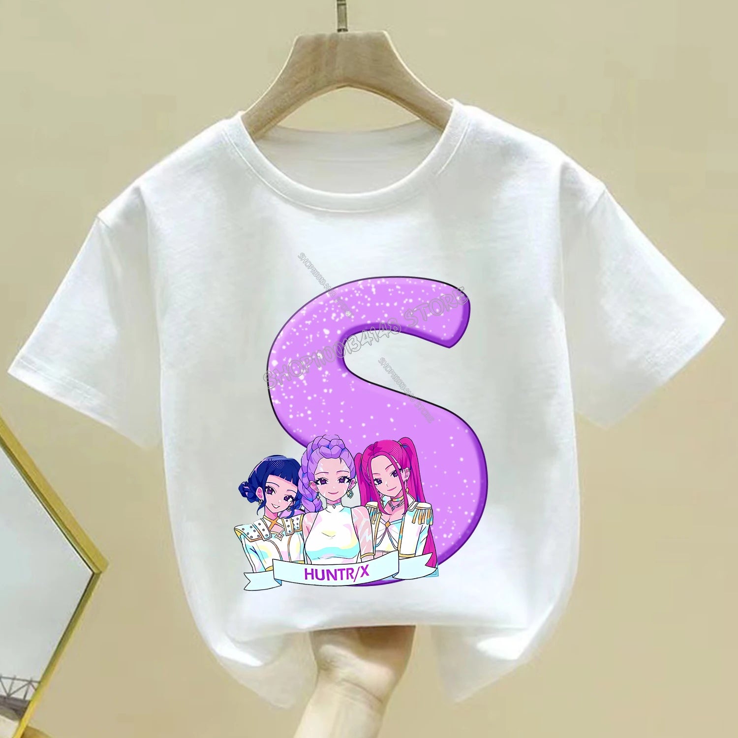 KPop Demon Hunters T-shirt for Children Cartoon A-Z Letters Tee Top White Round Collar Clothes Kids Short Sleeve Clothing Gift