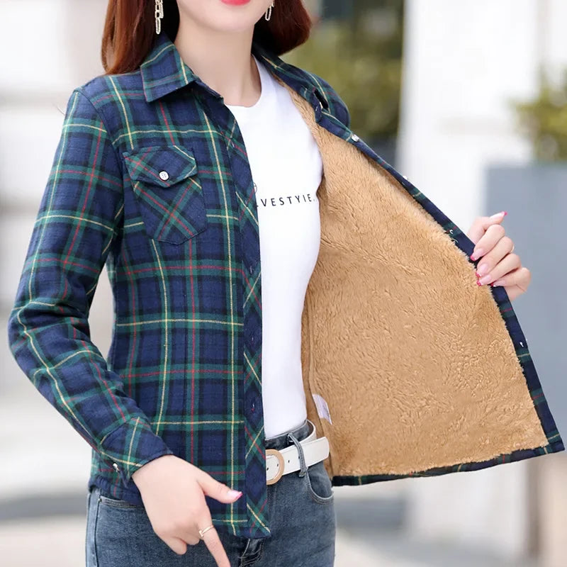 Thickened Fleece Women's Long Sleeve Shirt Autumn Winter New Style Warm Plaid Loose Fit Korean Style Cotton Button up Top