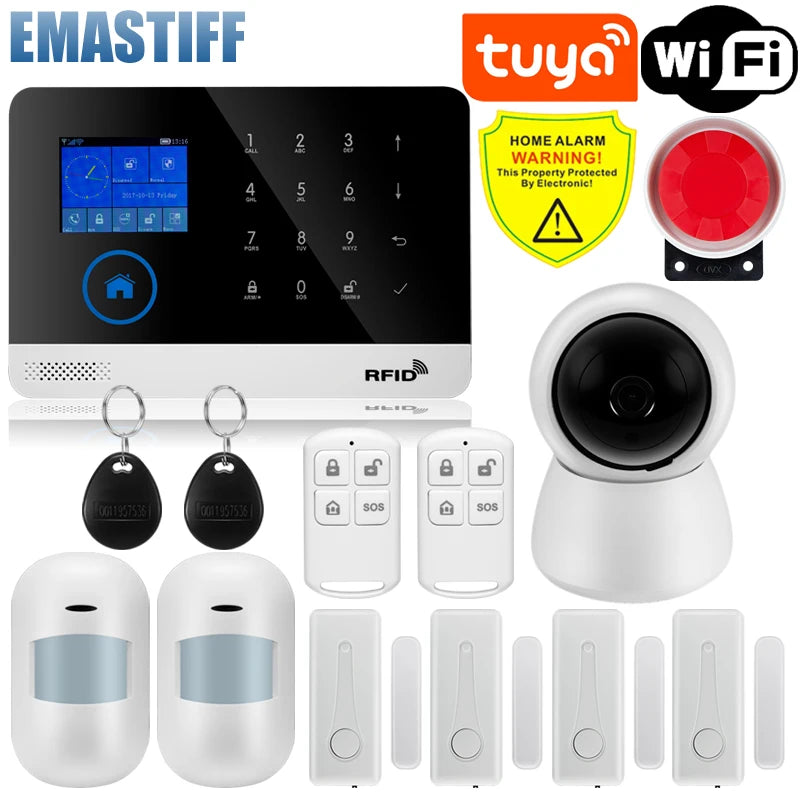 Wireless Tuya APP SIM GSM Home RFID Burglar Security LCD Touch Keyboard WIFI GSM Alarm System Sensor kit Russian,Spanish Voice