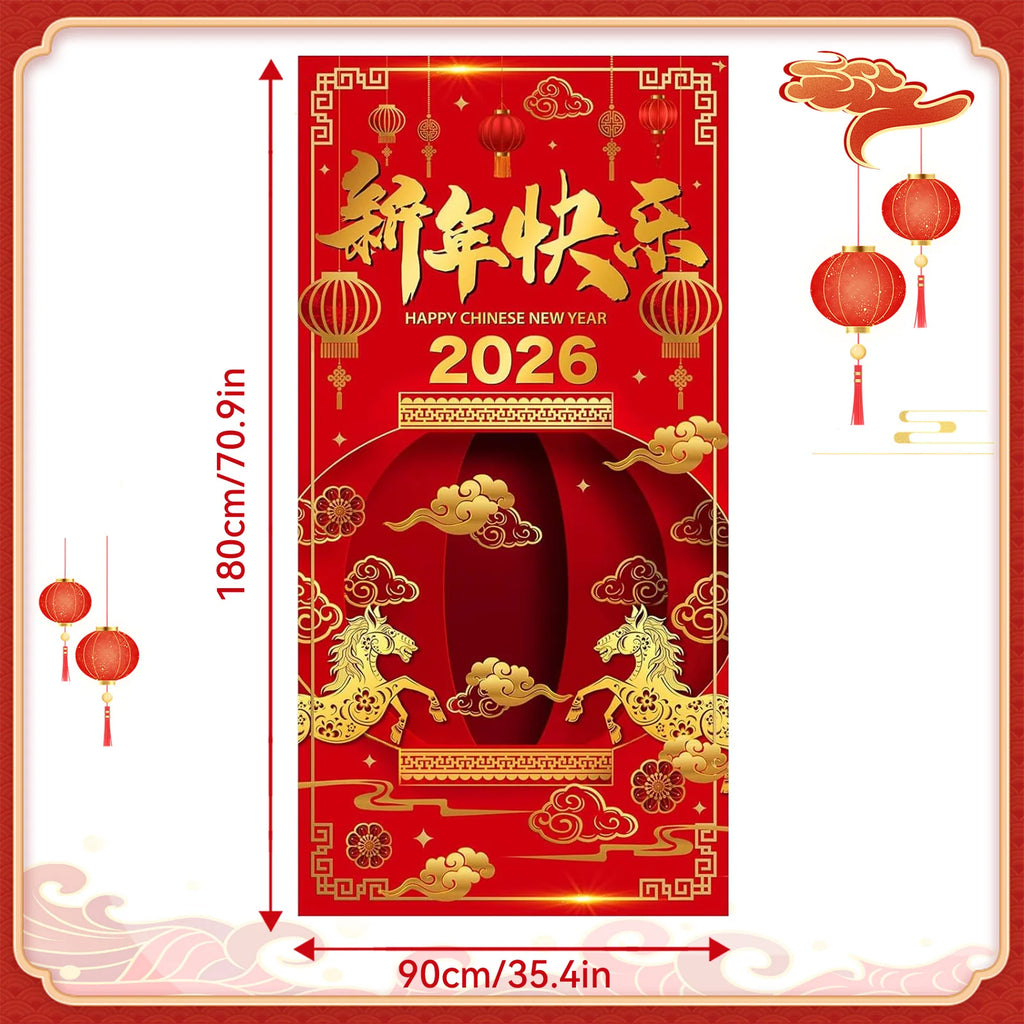 Year of The Horse 2026 Happy Chinese New Year Door Cover Decorations Banner Flag Welcome Hanging Backdrop Sign Party Background