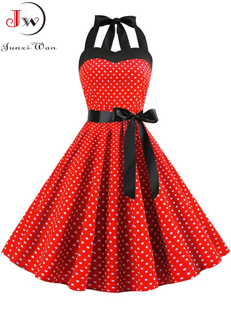 Polka Dot Dress Women Vintage Swing Halter Belt 50s 60s Rockabilly Prom Party Dresses Retro Feminino Vestidos