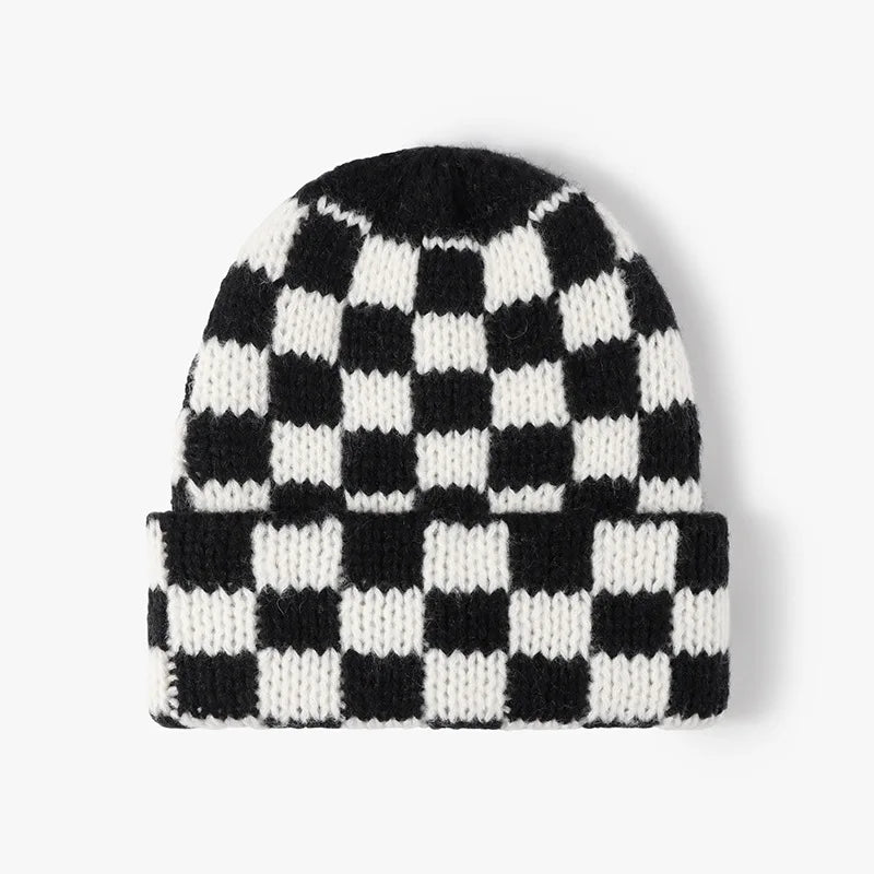 Winter Hats for Woman New Men Beanie Knitted Hat Girl Black White Check Plaid Chess Beanie Gorros Warm Bonnet Ladies Casual Cap