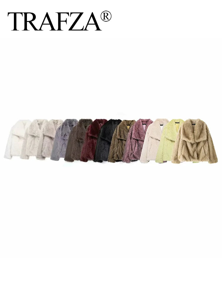 HH Winter Women Elegant Warm Plush Coat Turn-Down Collar Thick Cardigan Coat Female Pocket Long Sleeve Short Outerwear Mujer