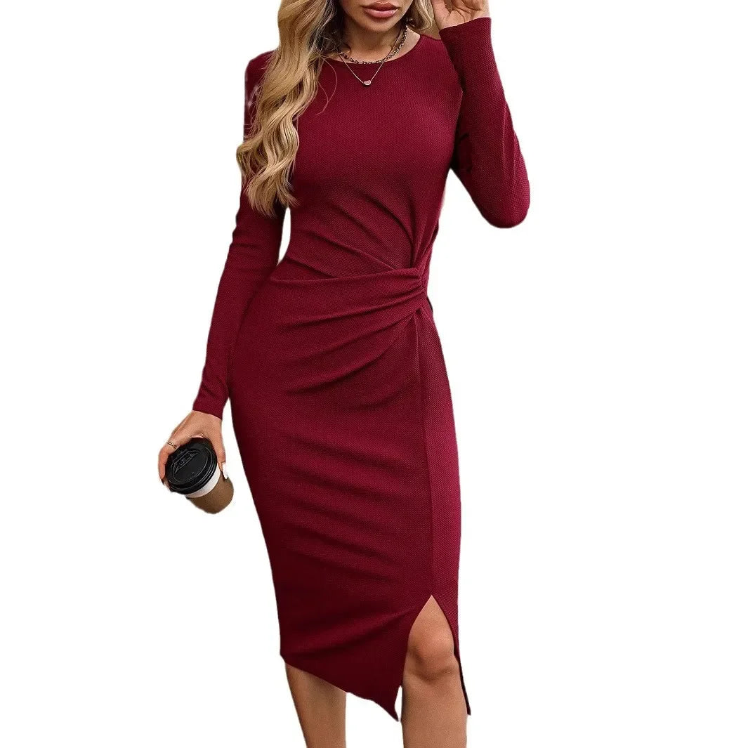 Elegant Pure Color Long Sleeve round Neck Dress Hot Sale Of The Season Fashionable Knot Slit Women's Midi Dress from Mainland Ch