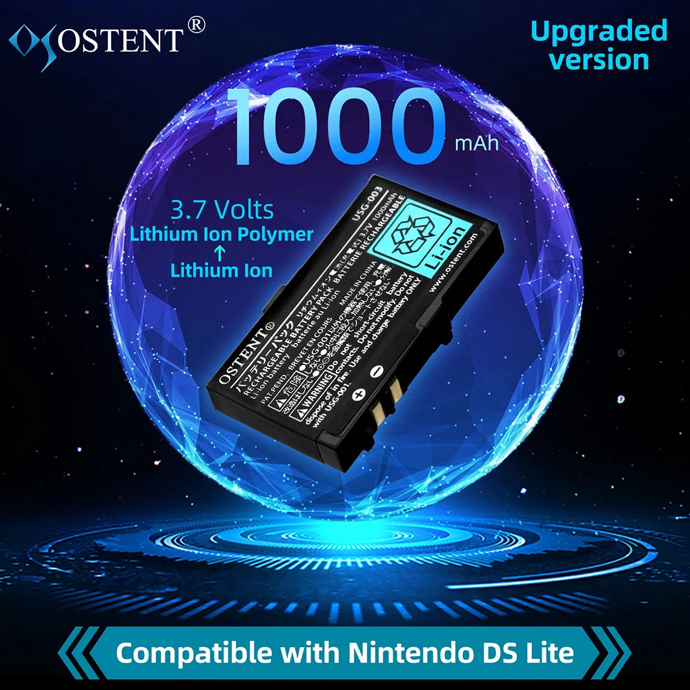 OSTENT Real Capacity 1000mAh 3.7V Rechargeable Lithium Battery+Tool Kit for Nintendo DSL NDS Lite Gamepad Replacement Battery