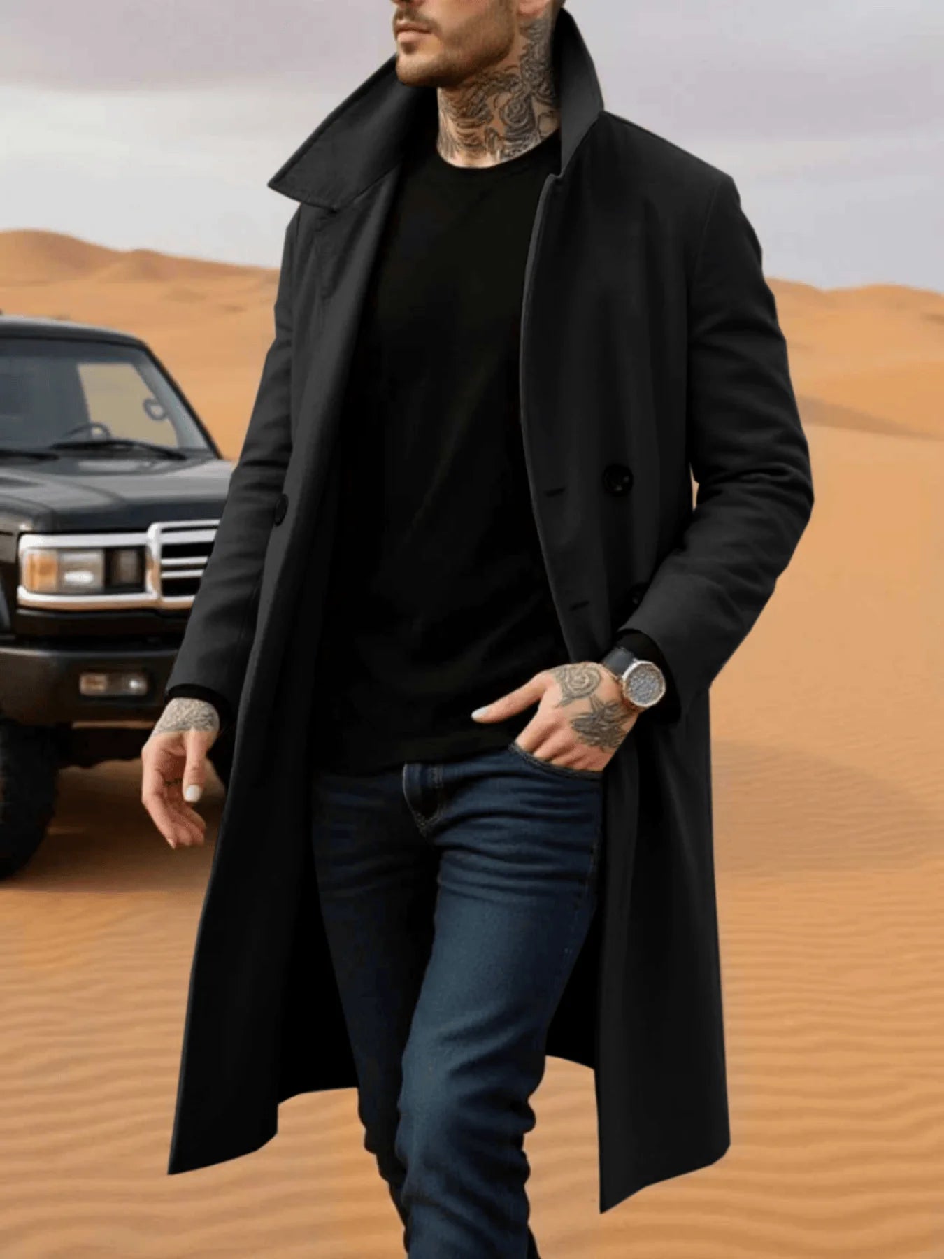 Winter Essential Trench! Men's Wool Coat with Lined Thermal Fabric: Classic Trench Style, Solid Jacket, Travel Ready!