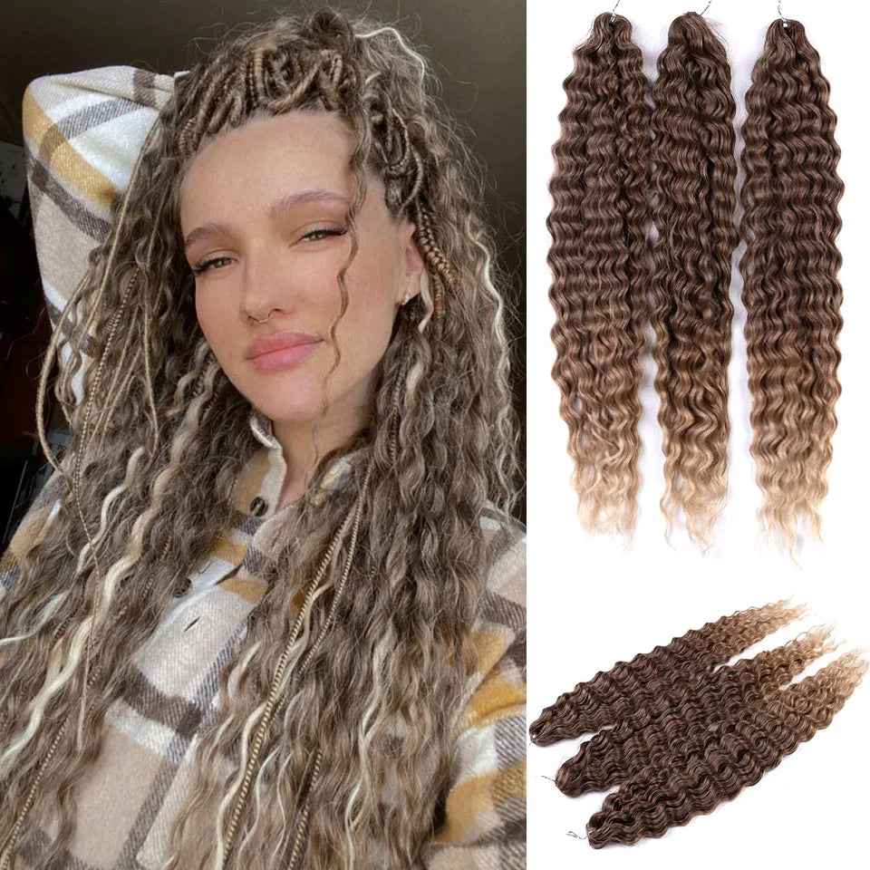 FASHION IDOL Ariel Twist Crochet Hair Synthetic 22 Inch 300g 3 Bundles Water Wave Hair Extensions Ombre Blonde Braid Curly Hair
