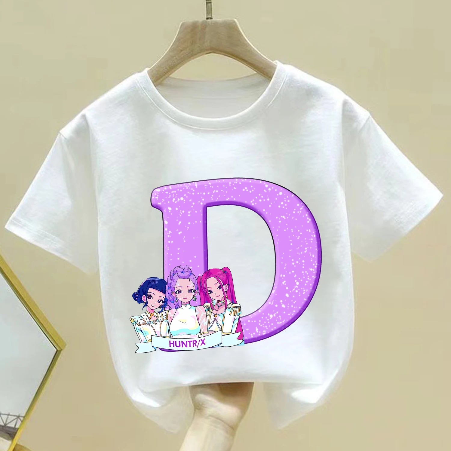 KPop Demon Hunters T-shirt for Children Cartoon A-Z Letters Tee Top White Round Collar Clothes Kids Short Sleeve Clothing Gift
