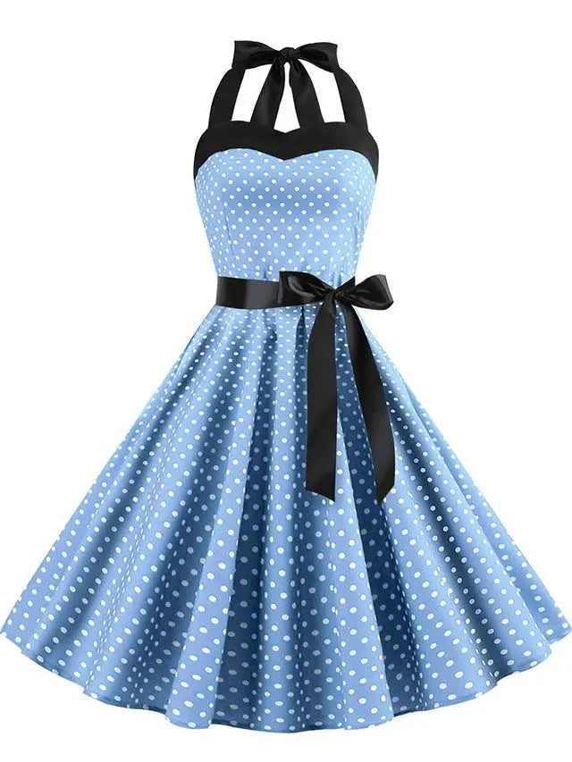 Polka Dot Dress Women Vintage Swing Halter Belt 50s 60s Rockabilly Prom Party Dresses Retro Feminino Vestidos