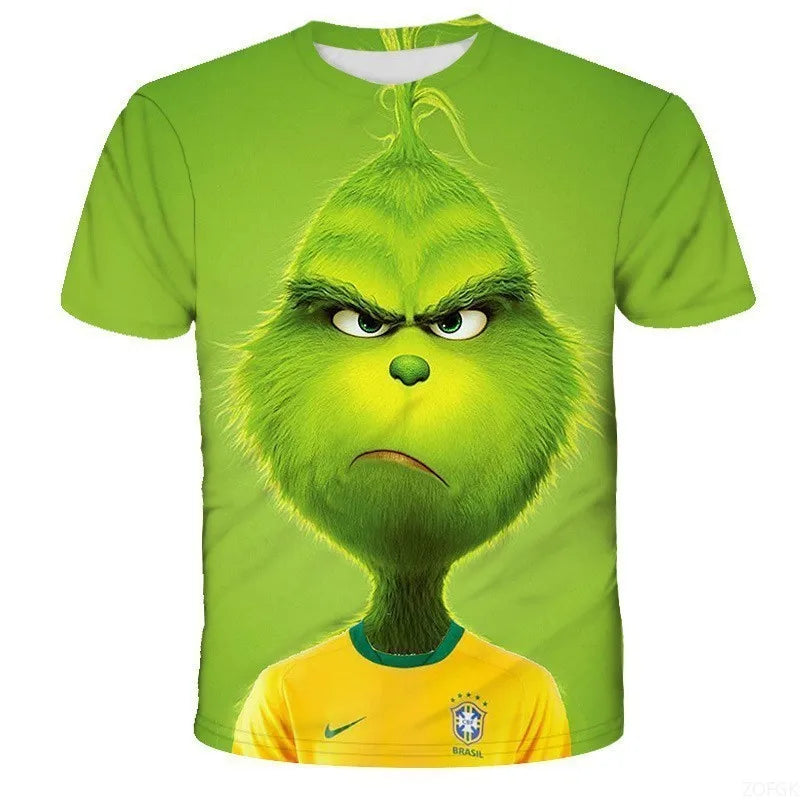 Cross Border New 2025 Christmas Cartoon Green Fur Monster 3D Printed Men's T-shirt Short Sleeved Christmas Grinch