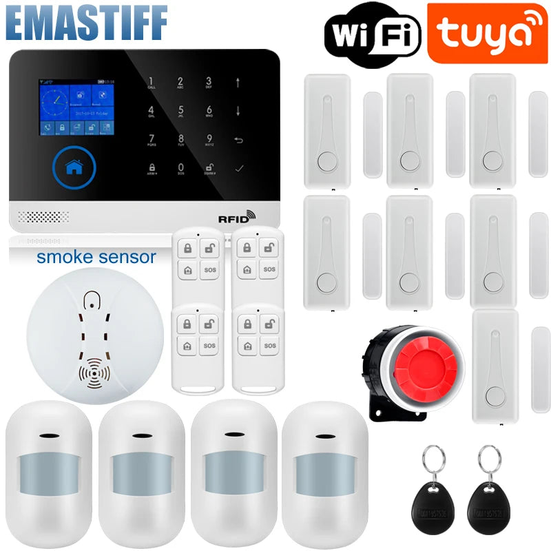 Wireless Tuya APP SIM GSM Home RFID Burglar Security LCD Touch Keyboard WIFI GSM Alarm System Sensor kit Russian,Spanish Voice