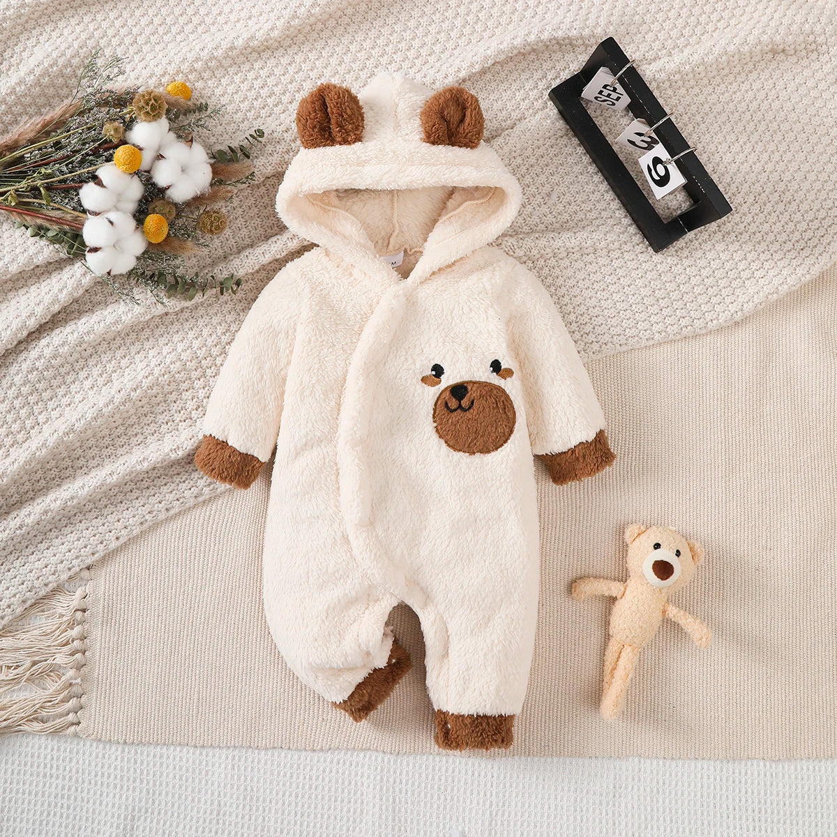 Winter  0-1  Years  Old  Infant  Baby  Boys  Bear   Print   Hooded   jumpsuit