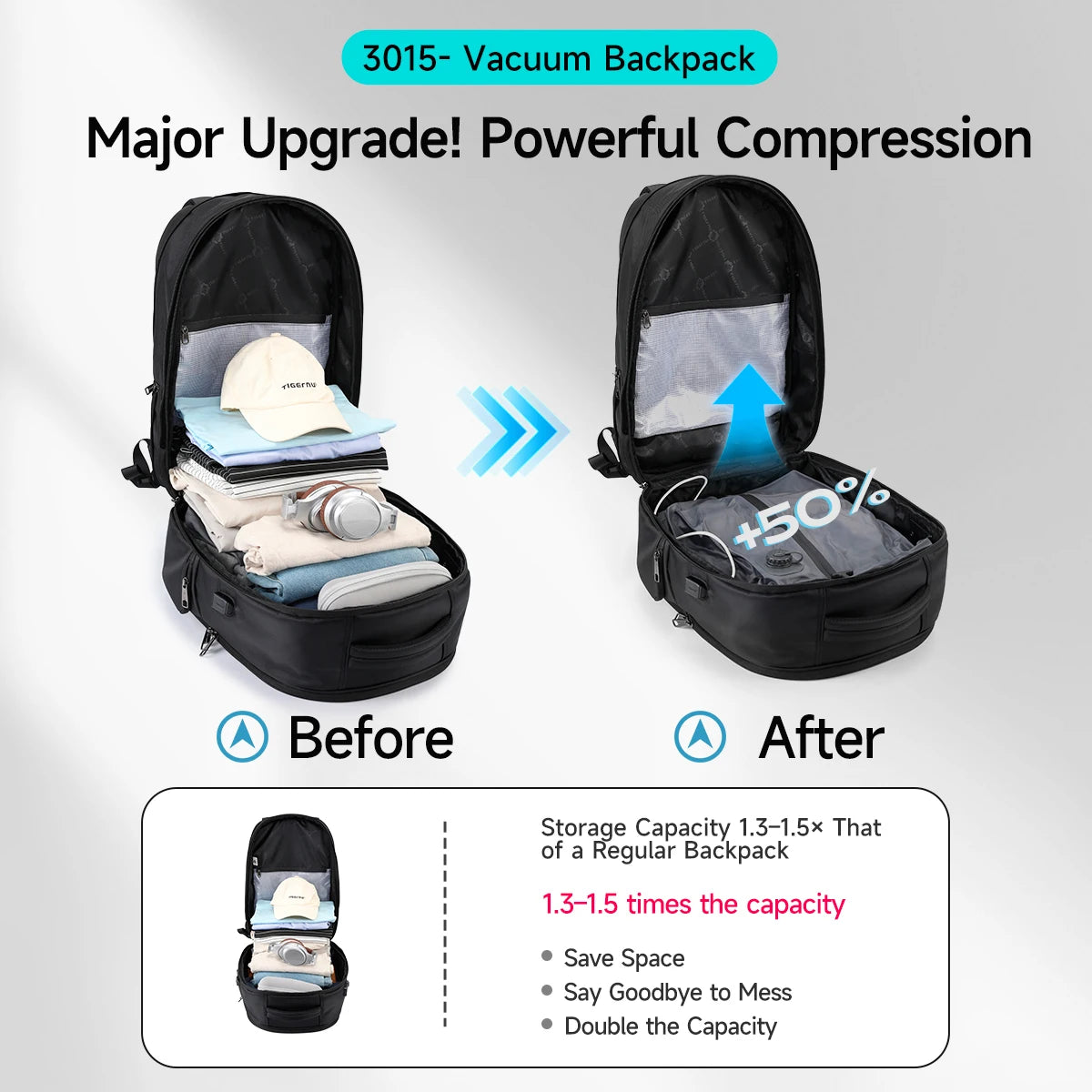 Tigernu Vacuum Backpacks Compression Travel Backpacks 15.6-17 Laptop Backpack Men TSA Anti Theft Backpacks Expandable Schoolbag