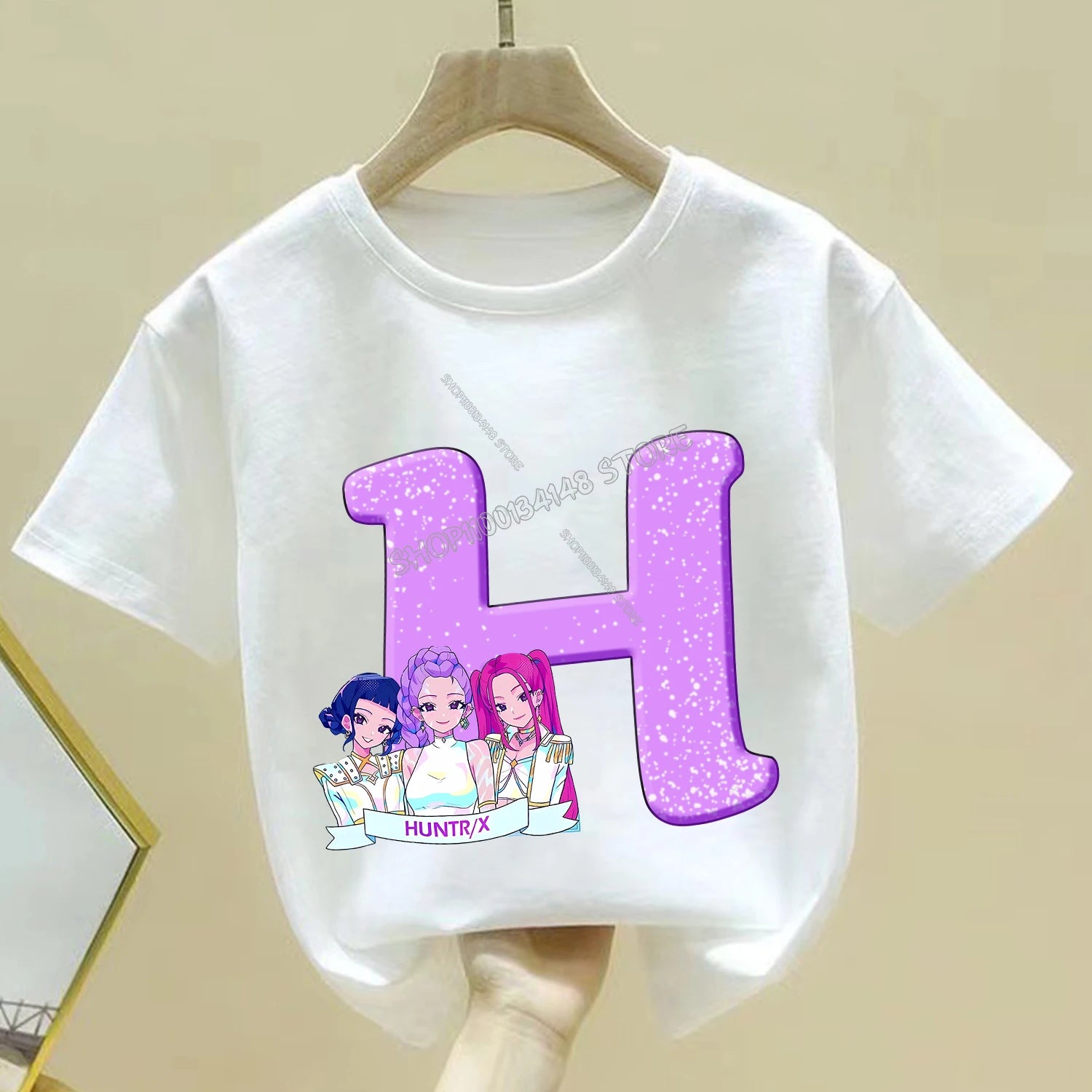 KPop Demon Hunters T-shirt for Children Cartoon A-Z Letters Tee Top White Round Collar Clothes Kids Short Sleeve Clothing Gift